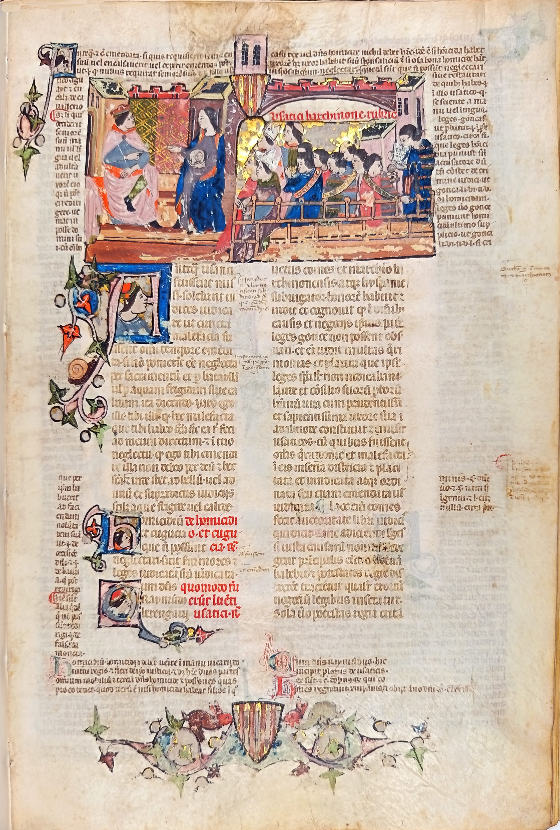Fig. 5 Conde Ramón Berenguer I y su esposa Almodis. Usos de Barcelona. Llibre dels Usatges i Constitucions de Lleida, Lleida, Arxiu Capitular, ms. LC_0028, f. 1r, © Arxiu Capitular de Lleida.